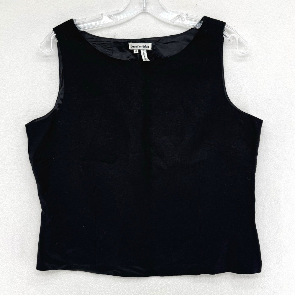 Jennifer Eden Tank Top Women 12 Black Linen Blend Boat Neck Side Zip Minimalist